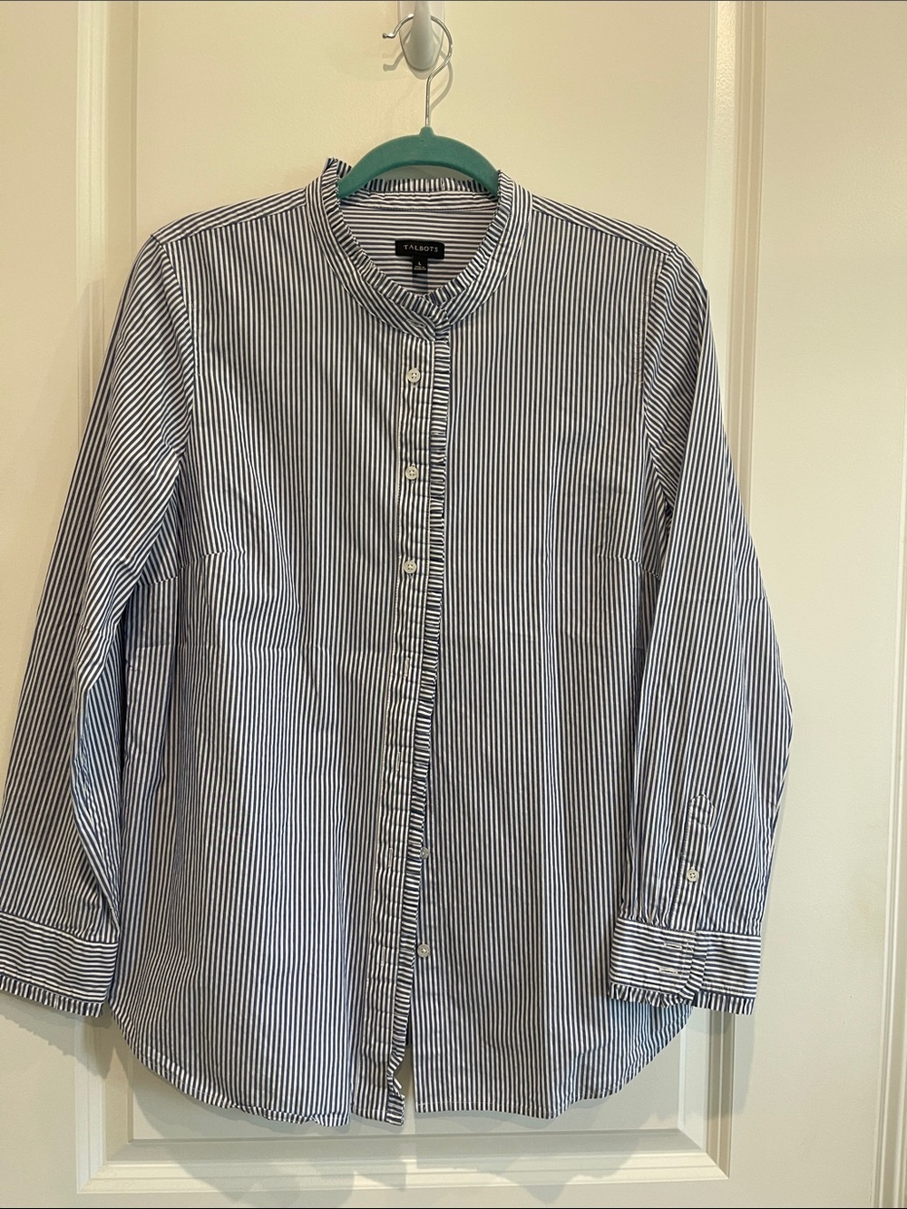 Talbots Ladies Navy and White Striped Band-Collar Shirt